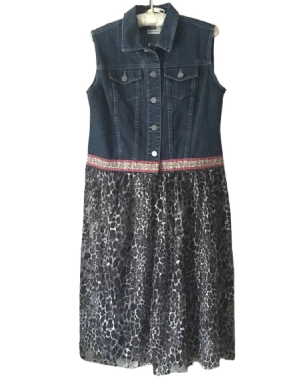 KATE HILL Upcycled Denim Duster with Leopard Print Lace - Size Petite
